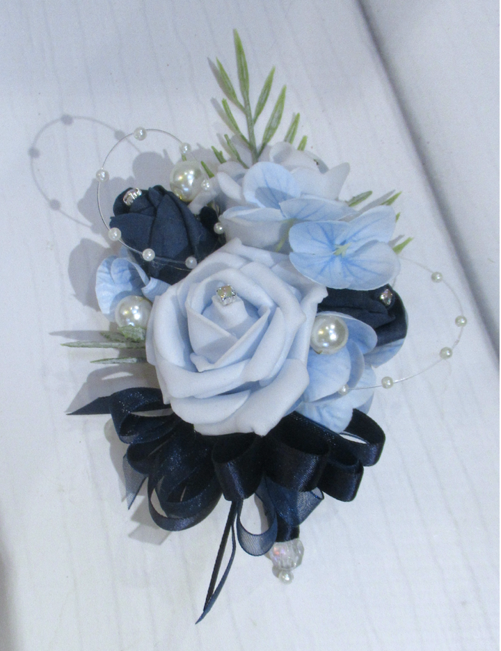 Baby Blue & Navy Corsage, pin on corsage for weddings